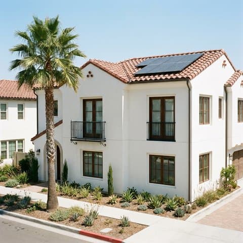 Two-story townhome with a small rooftop solar array