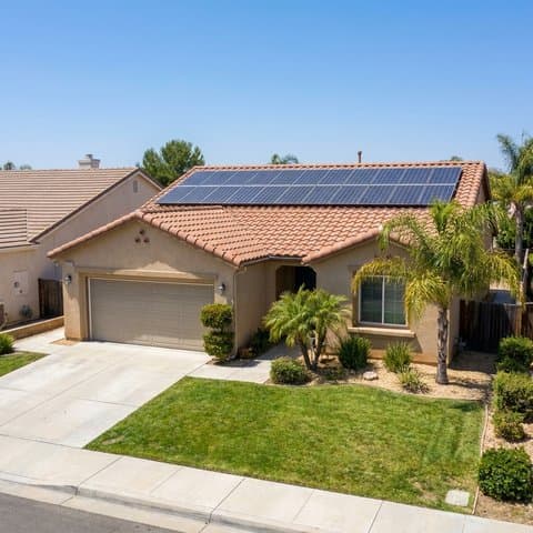Single-story stucco home with a full rooftop solar array