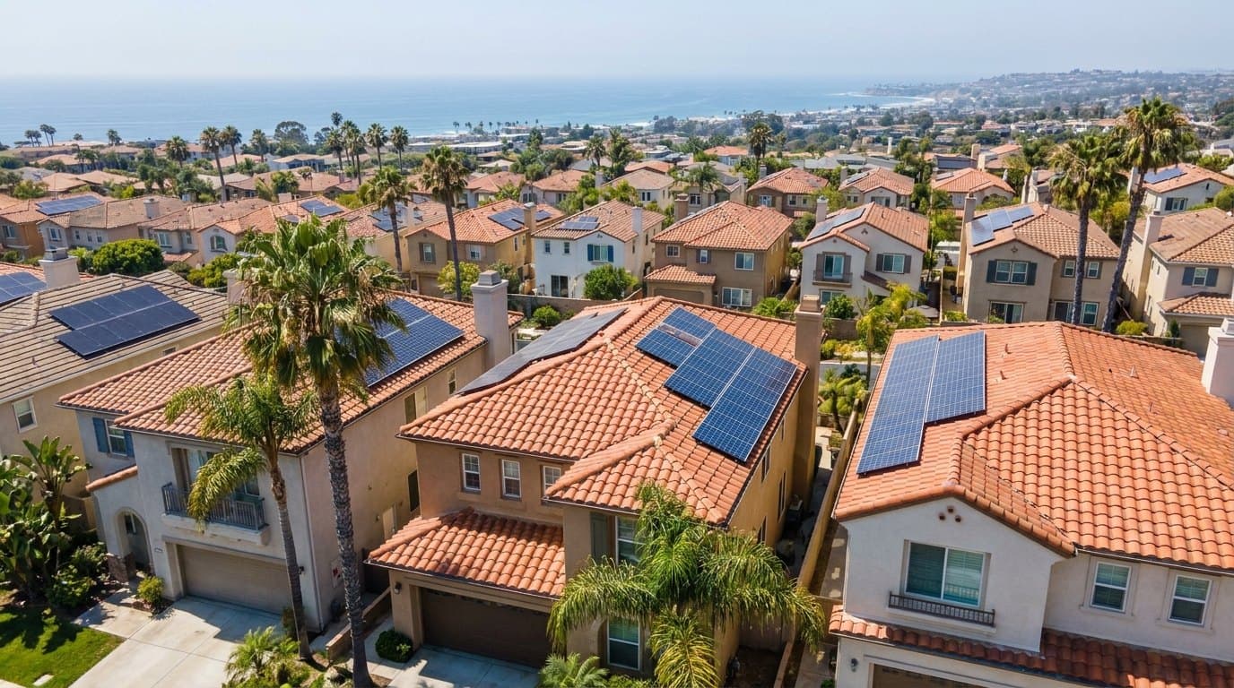 San Diego coastal neighborhood with rooftop solar arrays on tile roofs and the ocean beyond