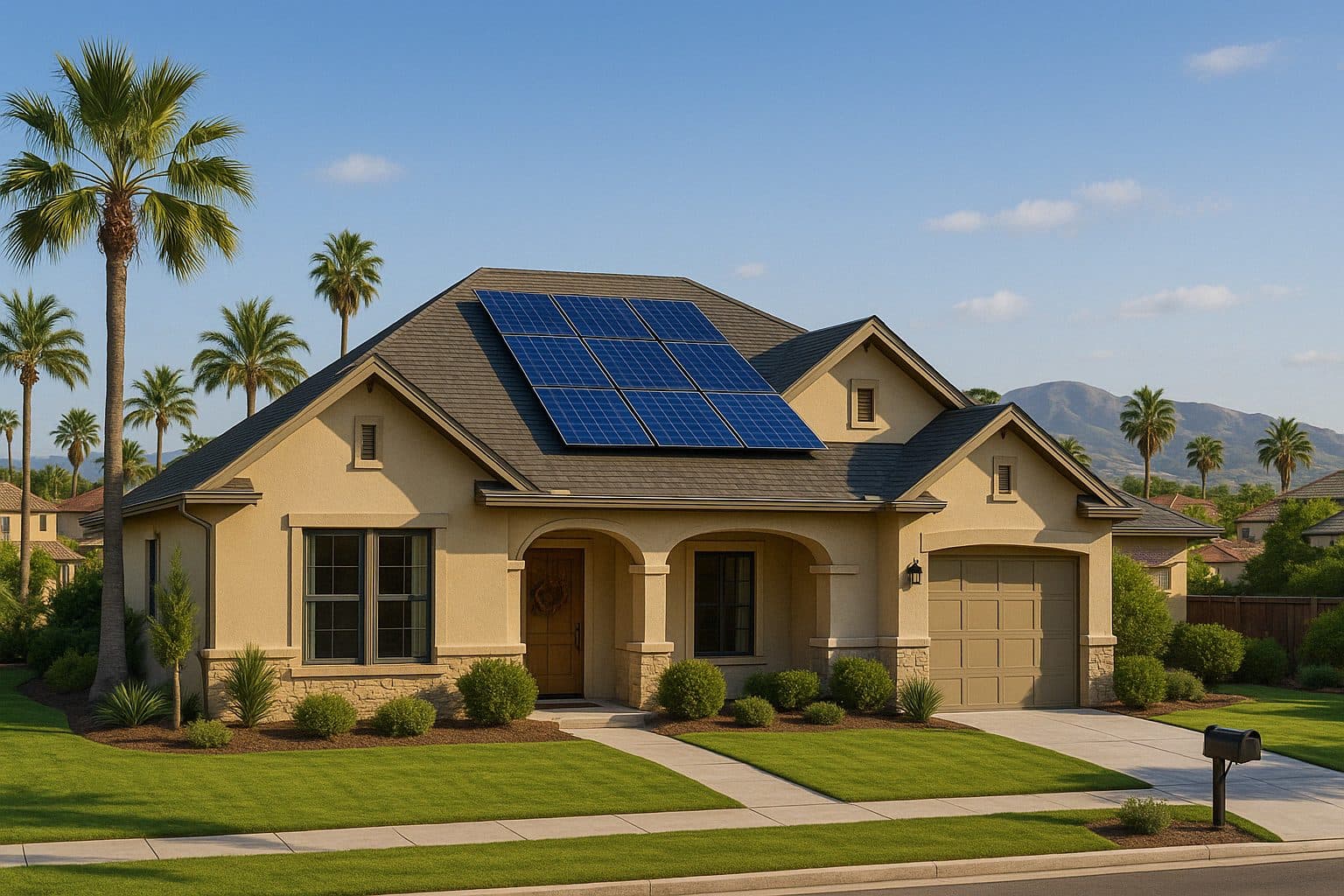 Front of a Southern California home with a solar array on the roof
