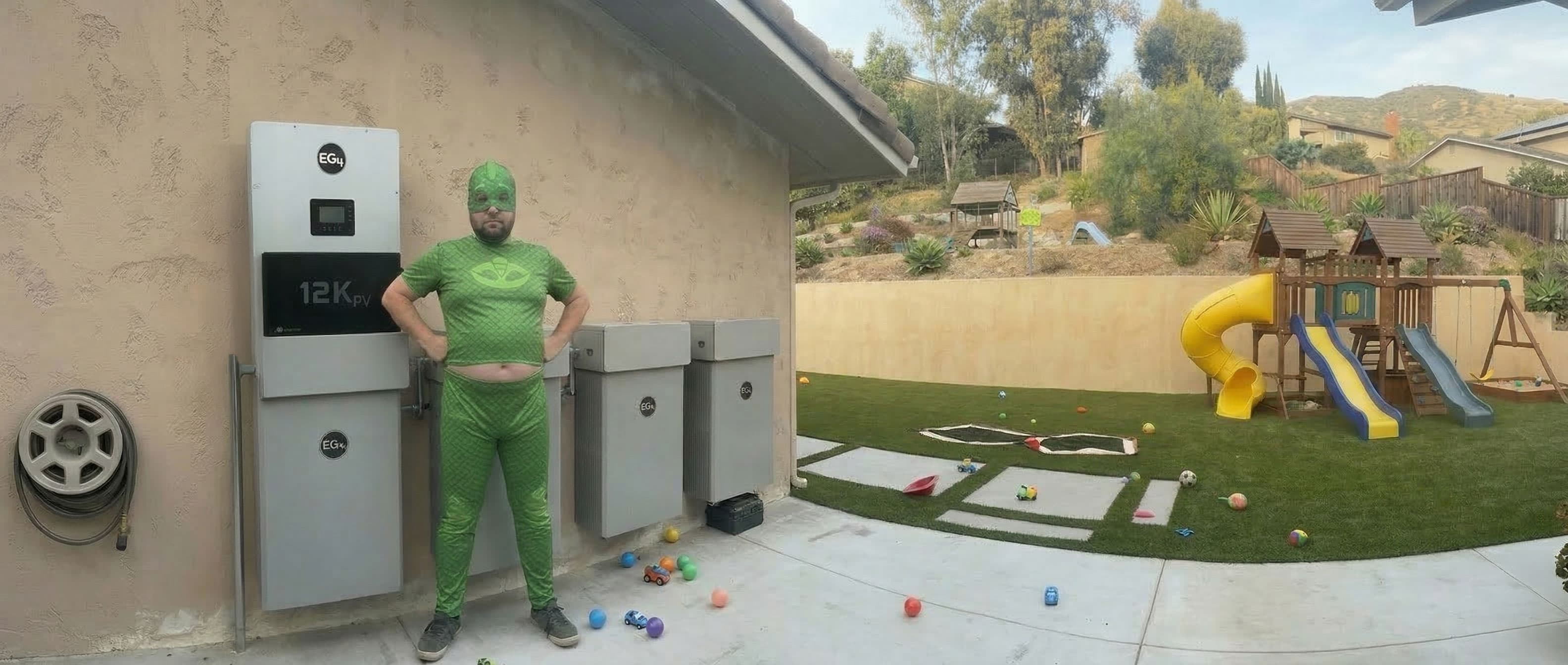 Homeowner in a superhero costume beside home battery units in a backyard
